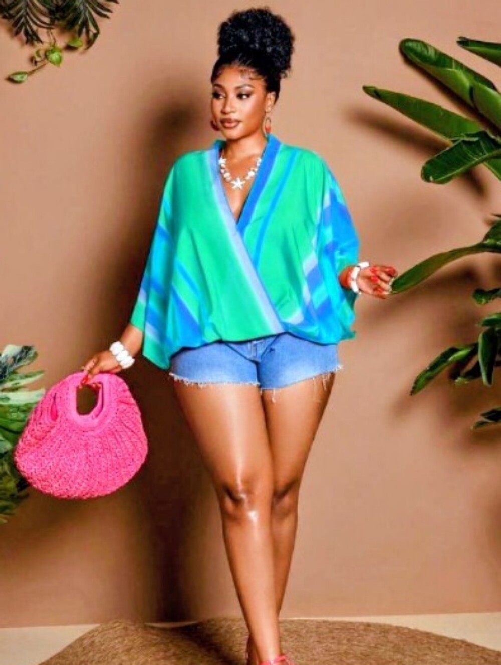 Women's Vibrant Blue-Green Striped Batwing Wrap Blouse Size 12